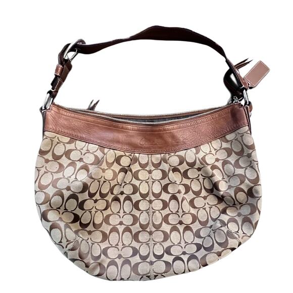Authentic COACH Signature Canvas Leather Trim Hobo Shoulder Bag - Brown - Picture 1 of 11